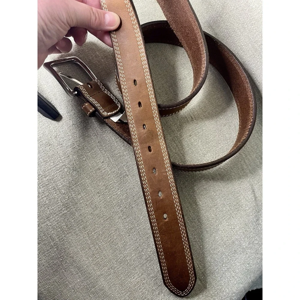 Sz 44 Duluth Trading Co Brown Leather Belt Contrast Stitching Silver Tone Buckle